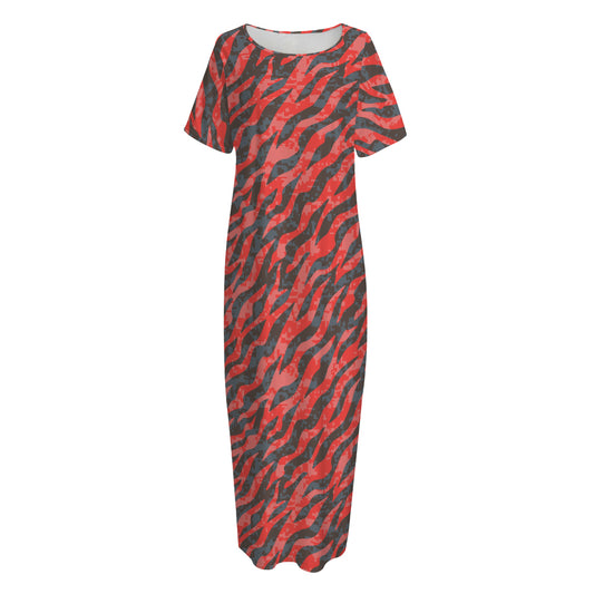 Black And Red Tiger Stripe Camo Print Short Sleeve Long Nightdress