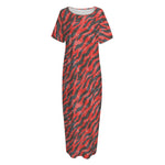 Black And Red Tiger Stripe Camo Print Short Sleeve Long Nightdress