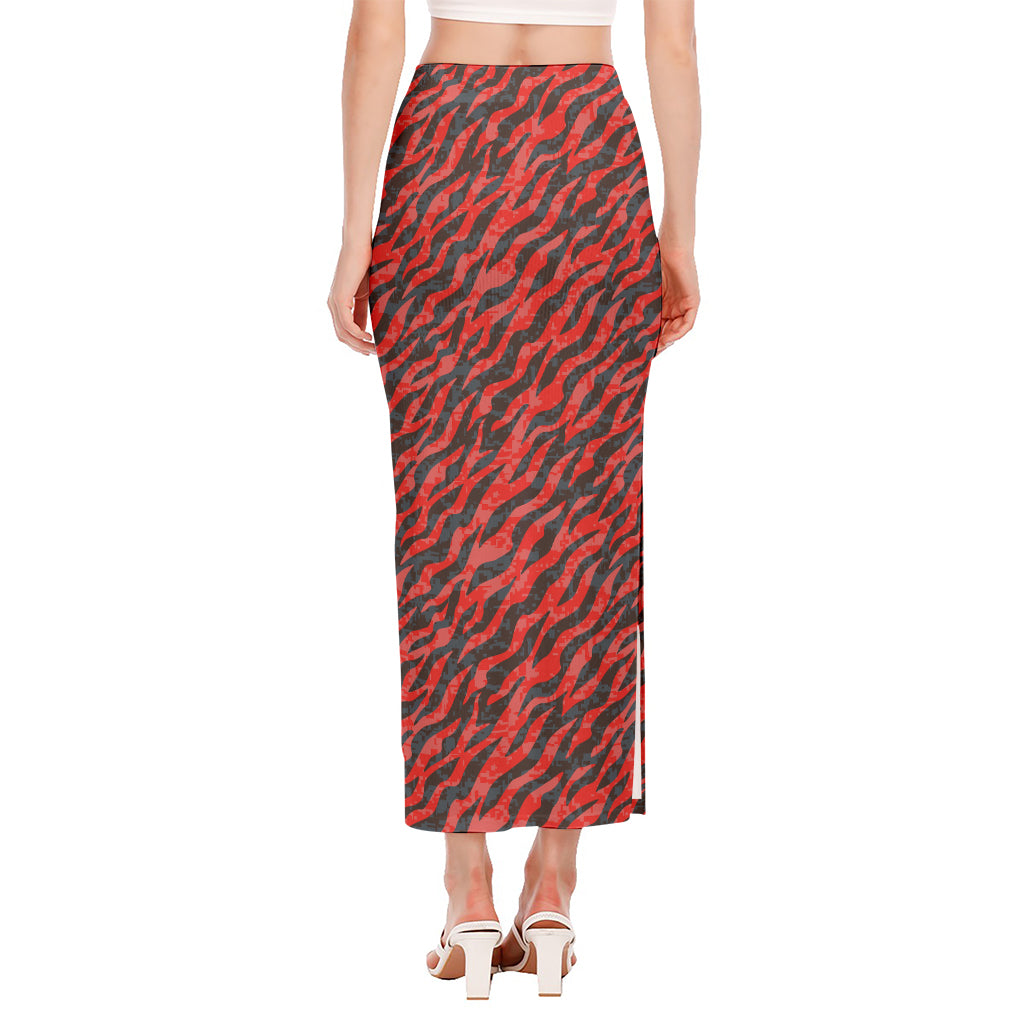 Black And Red Tiger Stripe Camo Print Side Slit Maxi Skirt