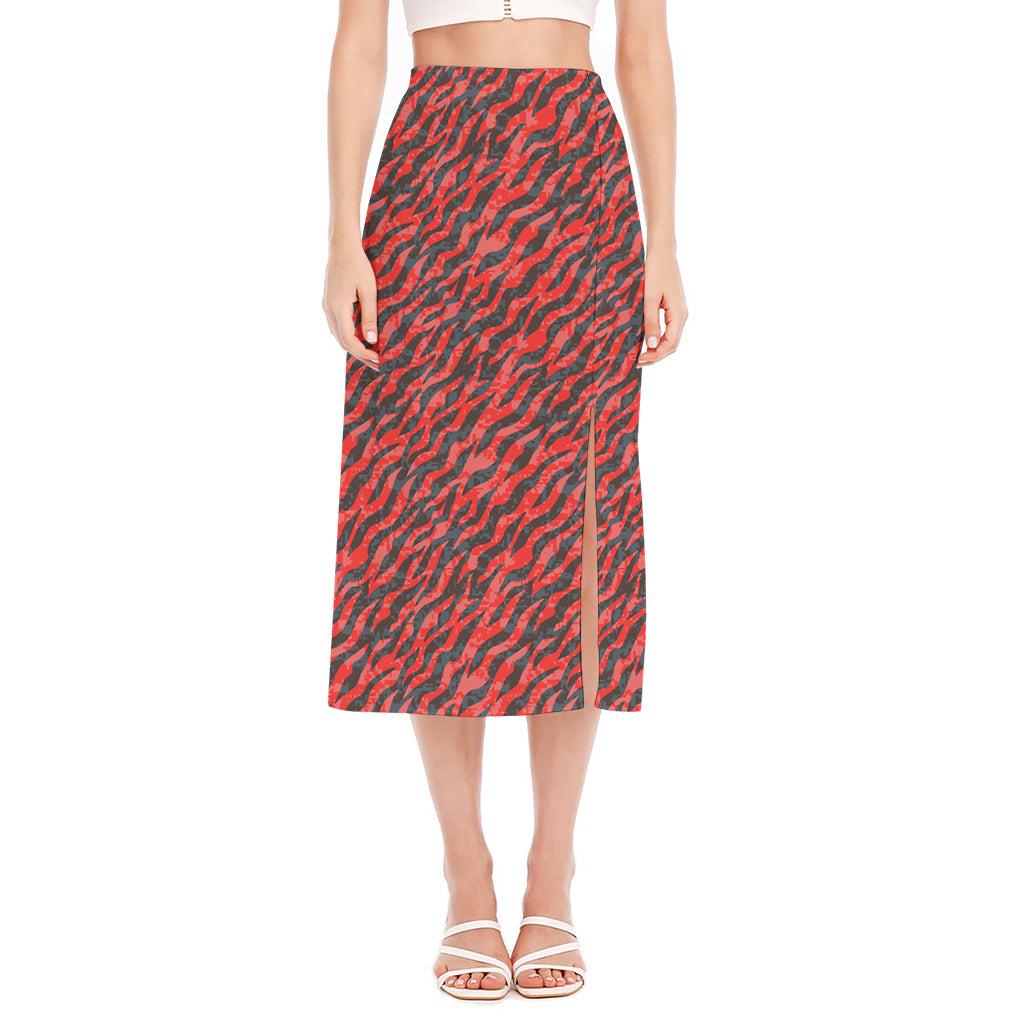Black And Red Tiger Stripe Camo Print Side Slit Midi Skirt