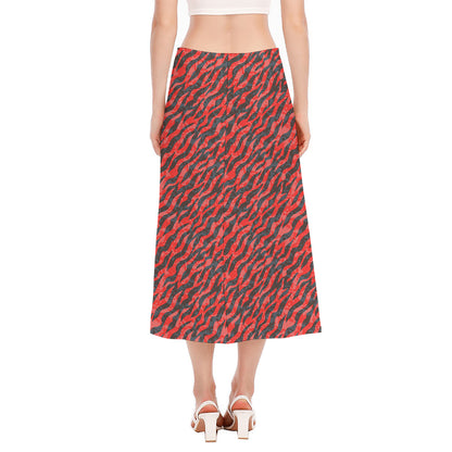 Black And Red Tiger Stripe Camo Print Side Slit Midi Skirt