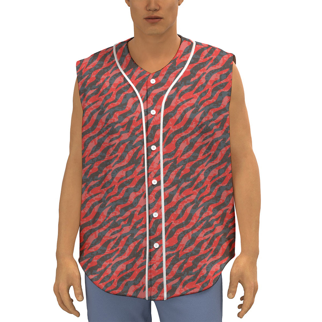 Black And Red Tiger Stripe Camo Print Sleeveless Baseball Jersey