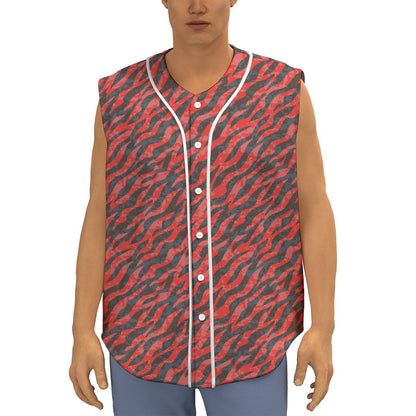 Black And Red Tiger Stripe Camo Print Sleeveless Baseball Jersey