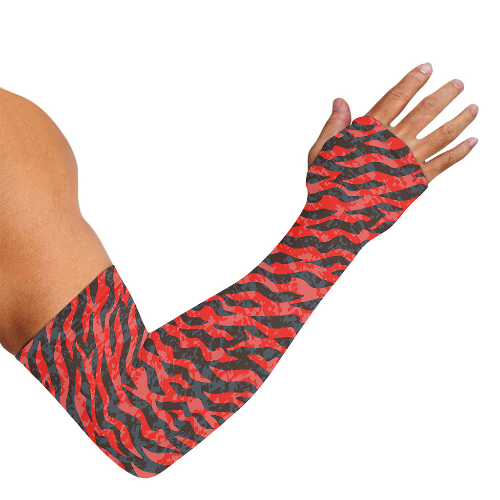 Black And Red Tiger Stripe Camo Print Sun Protection Arm Sleeves