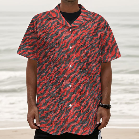 Black And Red Tiger Stripe Camo Print Textured Short Sleeve Shirt