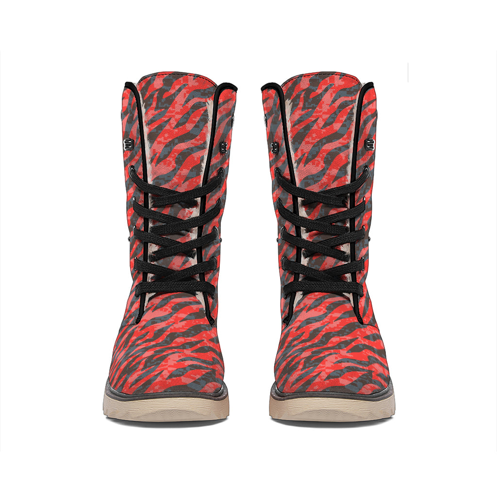 Black And Red Tiger Stripe Camo Print Winter Boots