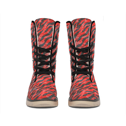Black And Red Tiger Stripe Camo Print Winter Boots