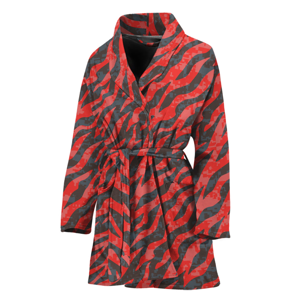 Black And Red Tiger Stripe Camo Print Women's Bathrobe