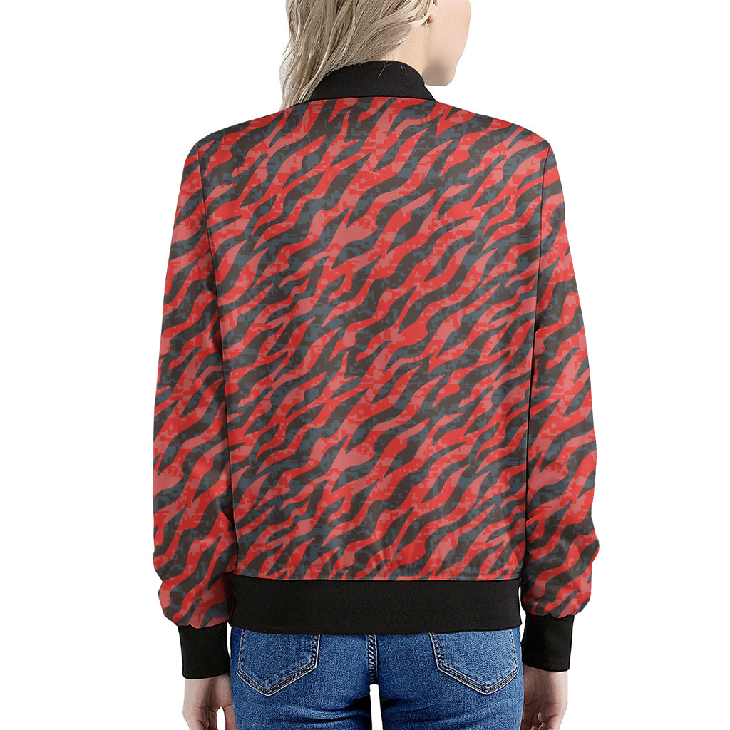 Black And Red Tiger Stripe Camo Print Women's Bomber Jacket