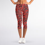 Black And Red Tiger Stripe Camo Print Women's Capri Leggings