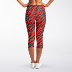 Black And Red Tiger Stripe Camo Print Women's Capri Leggings