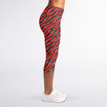 Black And Red Tiger Stripe Camo Print Women's Capri Leggings