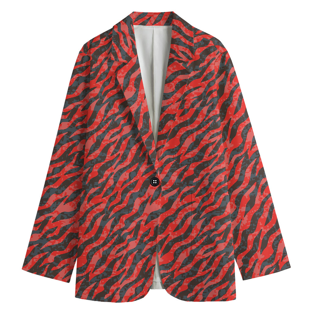 Black And Red Tiger Stripe Camo Print Women's Cotton Blazer