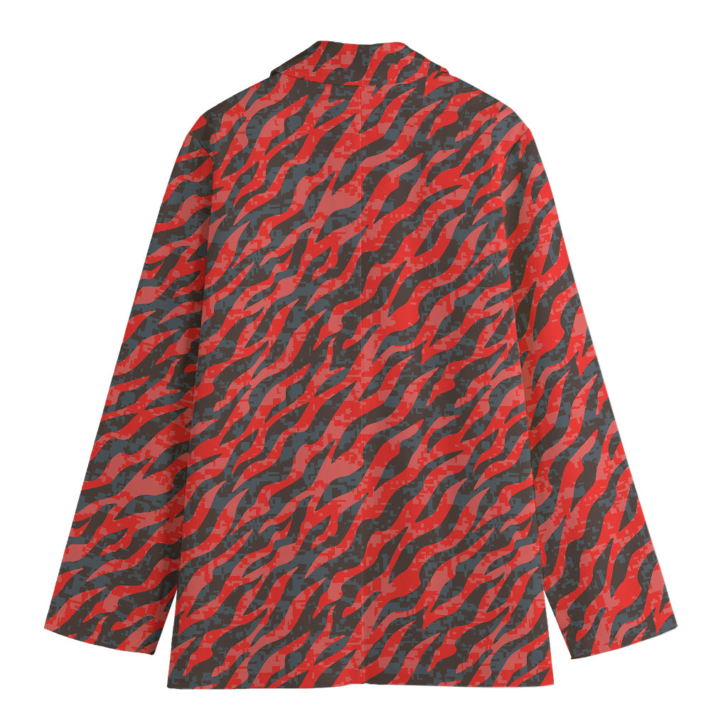 Black And Red Tiger Stripe Camo Print Women's Cotton Blazer