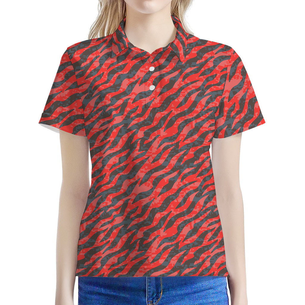 Black And Red Tiger Stripe Camo Print Women's Polo Shirt