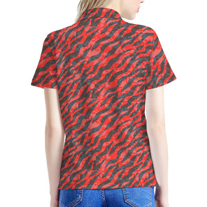 Black And Red Tiger Stripe Camo Print Women's Polo Shirt