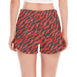 Black And Red Tiger Stripe Camo Print Women's Split Running Shorts