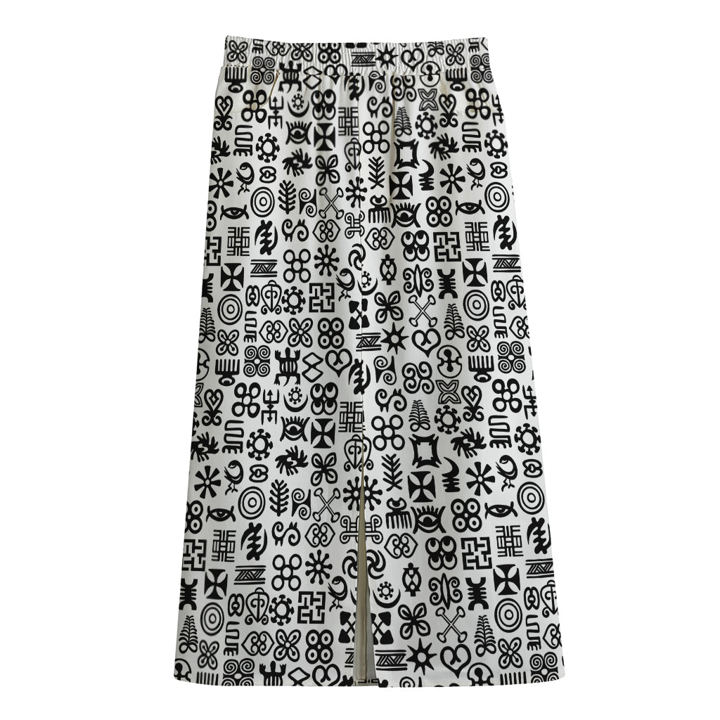 Black And White Adinkra Tribe Symbols Cotton Front Slit Maxi Skirt