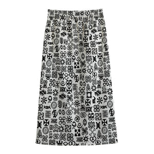 Black And White Adinkra Tribe Symbols Cotton Front Slit Maxi Skirt