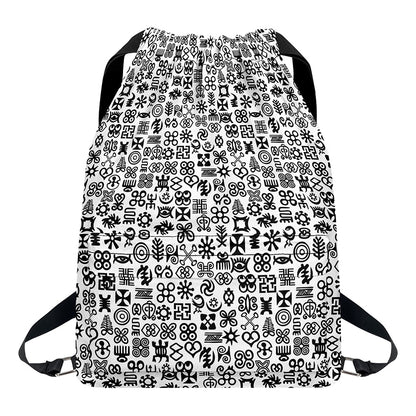Black And White Adinkra Tribe Symbols Drawstring Backpack