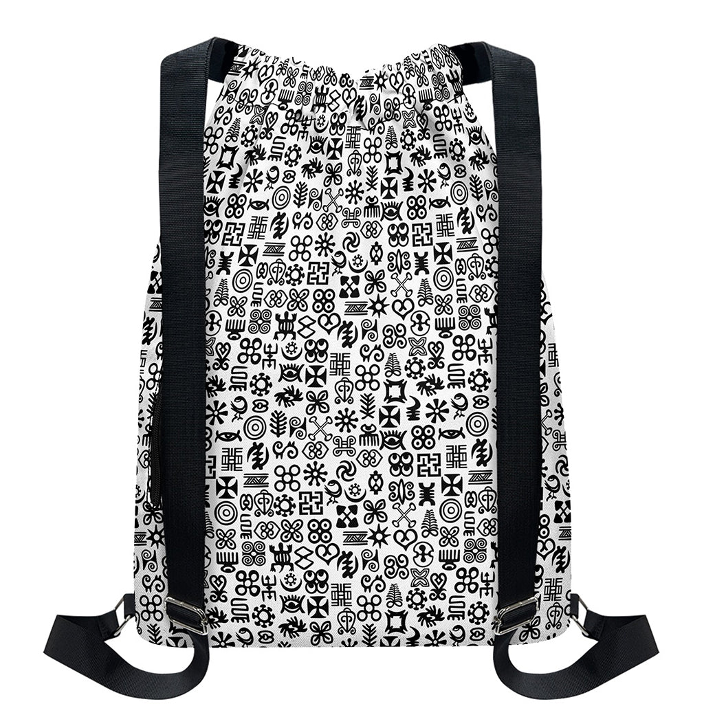 Black And White Adinkra Tribe Symbols Drawstring Backpack
