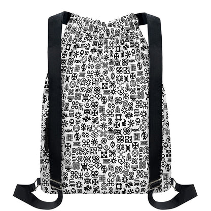Black And White Adinkra Tribe Symbols Drawstring Backpack