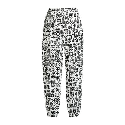Black And White Adinkra Tribe Symbols Fleece Lined Knit Pants