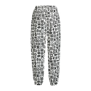 Black And White Adinkra Tribe Symbols Fleece Lined Knit Pants