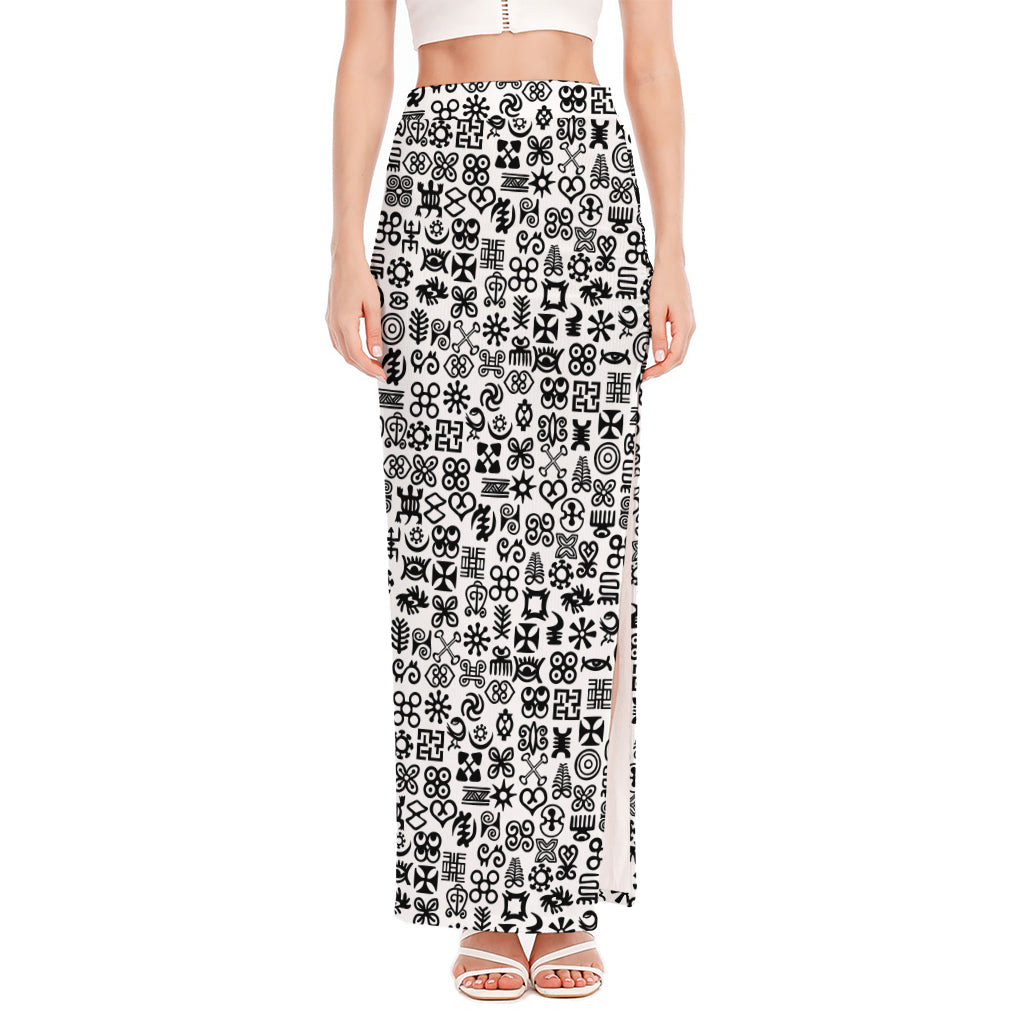 Black And White Adinkra Tribe Symbols High Slit Maxi Skirt