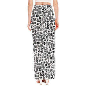 Black And White Adinkra Tribe Symbols High Slit Maxi Skirt