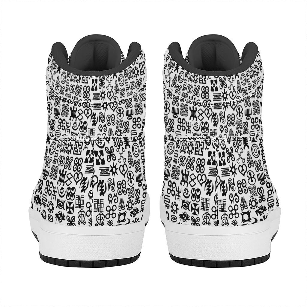 Black And White Adinkra Tribe Symbols High Top Leather Sneakers