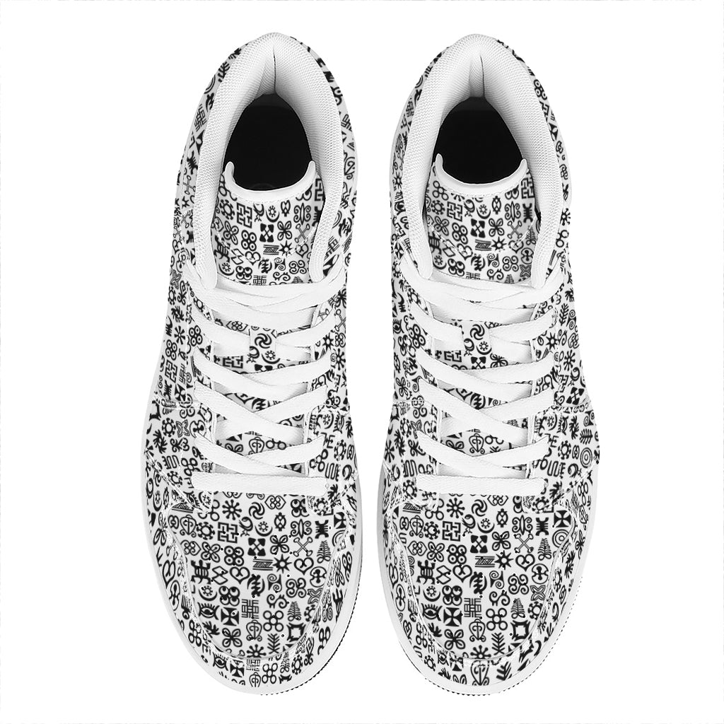 Black And White Adinkra Tribe Symbols High Top Leather Sneakers