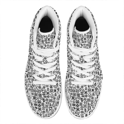 Black And White Adinkra Tribe Symbols High Top Leather Sneakers