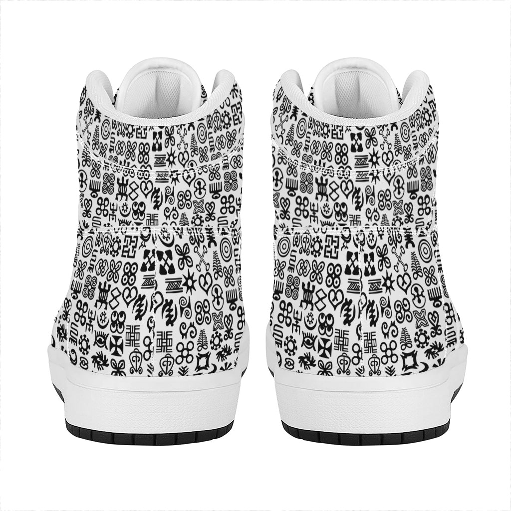 Black And White Adinkra Tribe Symbols High Top Leather Sneakers