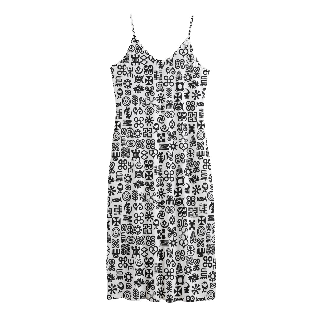 Black And White Adinkra Tribe Symbols Jersey Midi Cami Dress