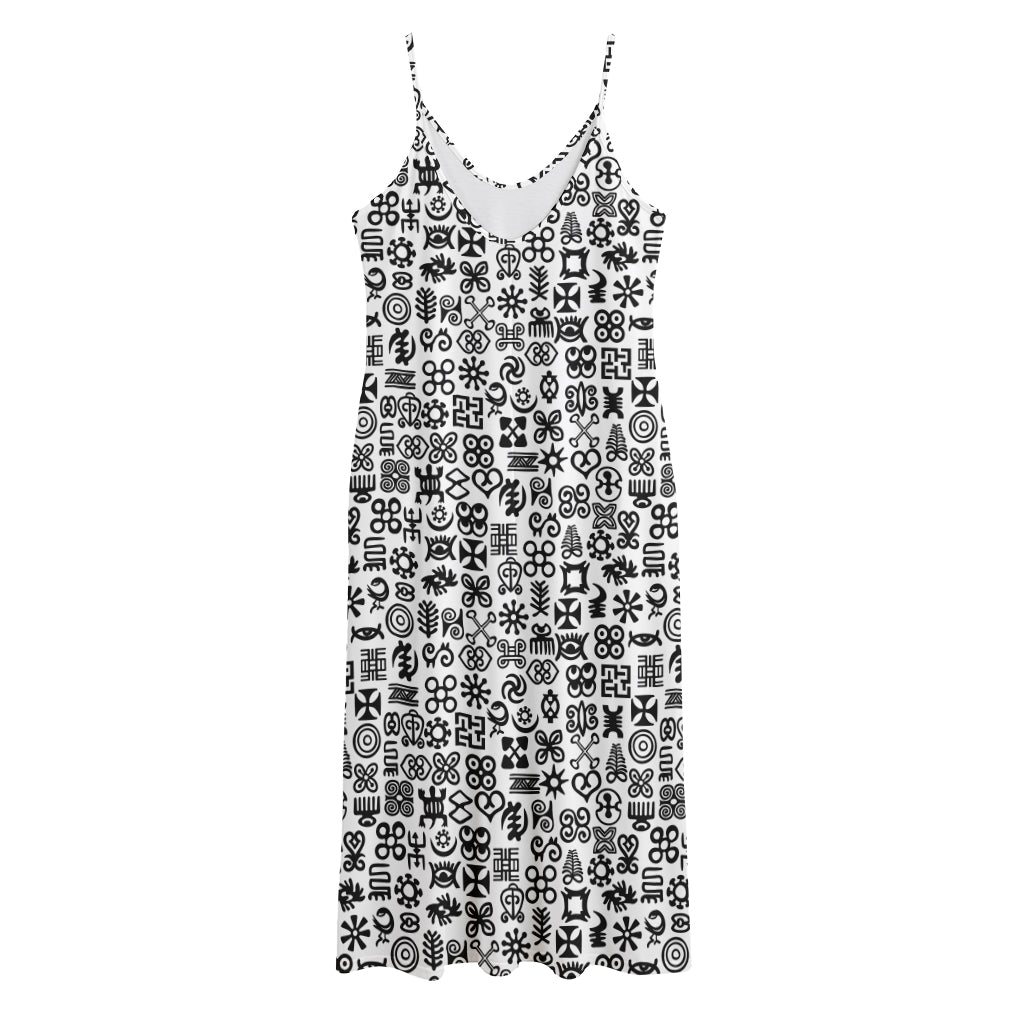 Black And White Adinkra Tribe Symbols Jersey Midi Cami Dress