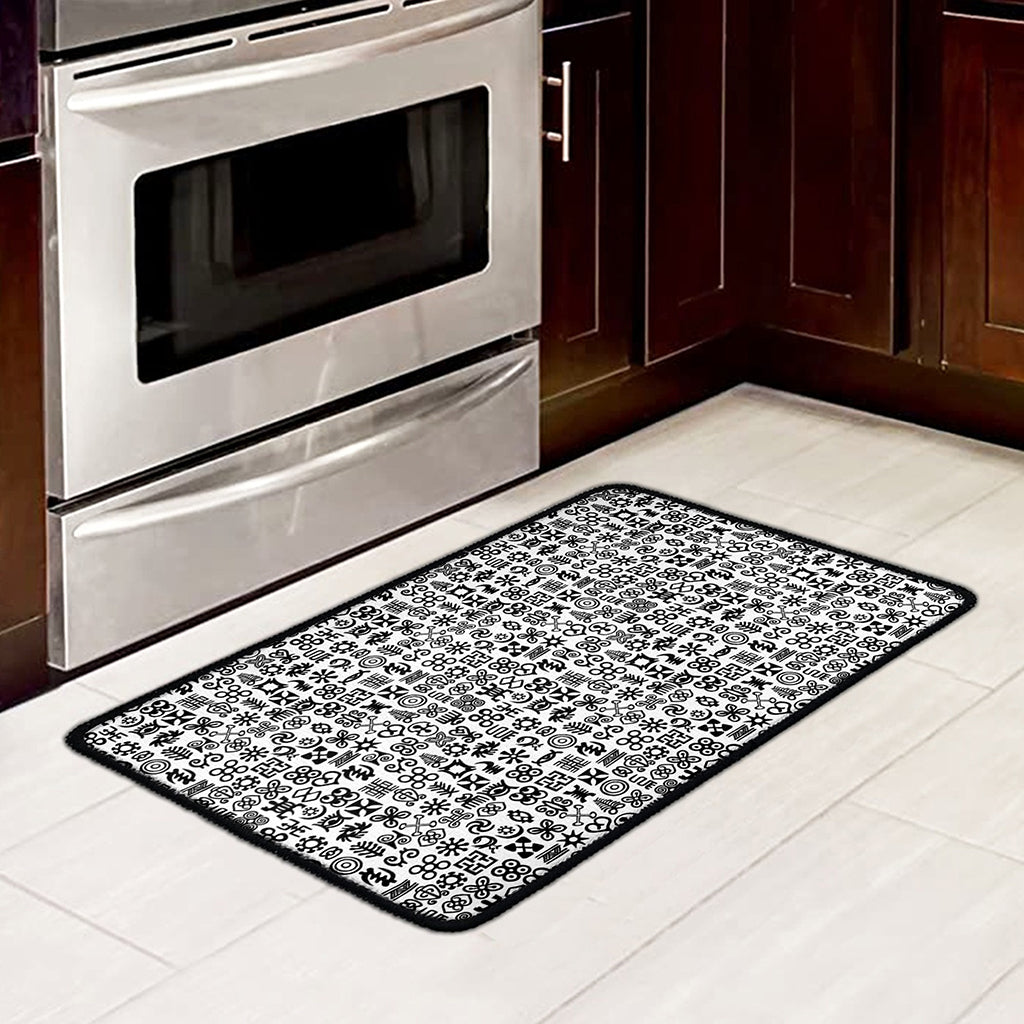 Black And White Adinkra Tribe Symbols Kitchen Mat