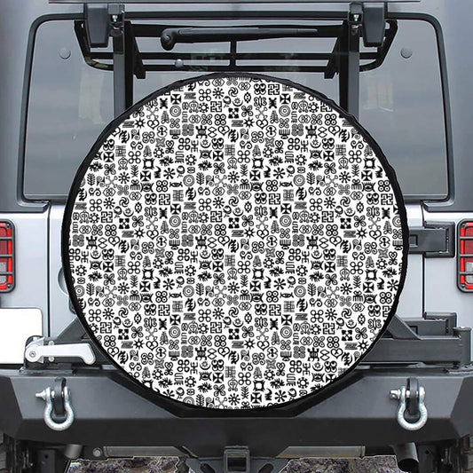 Black And White Adinkra Tribe Symbols Leather Spare Tire Cover