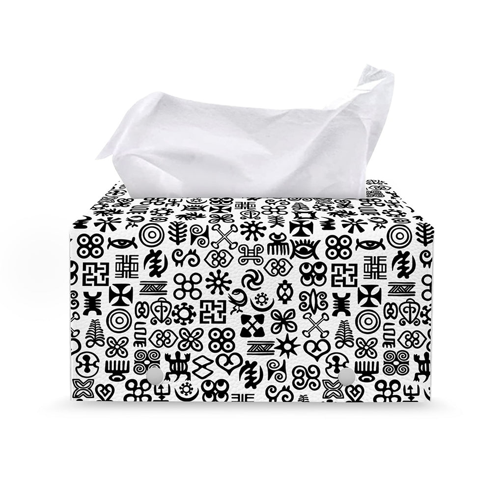 Black And White Adinkra Tribe Symbols Leather Tissue Box Cover
