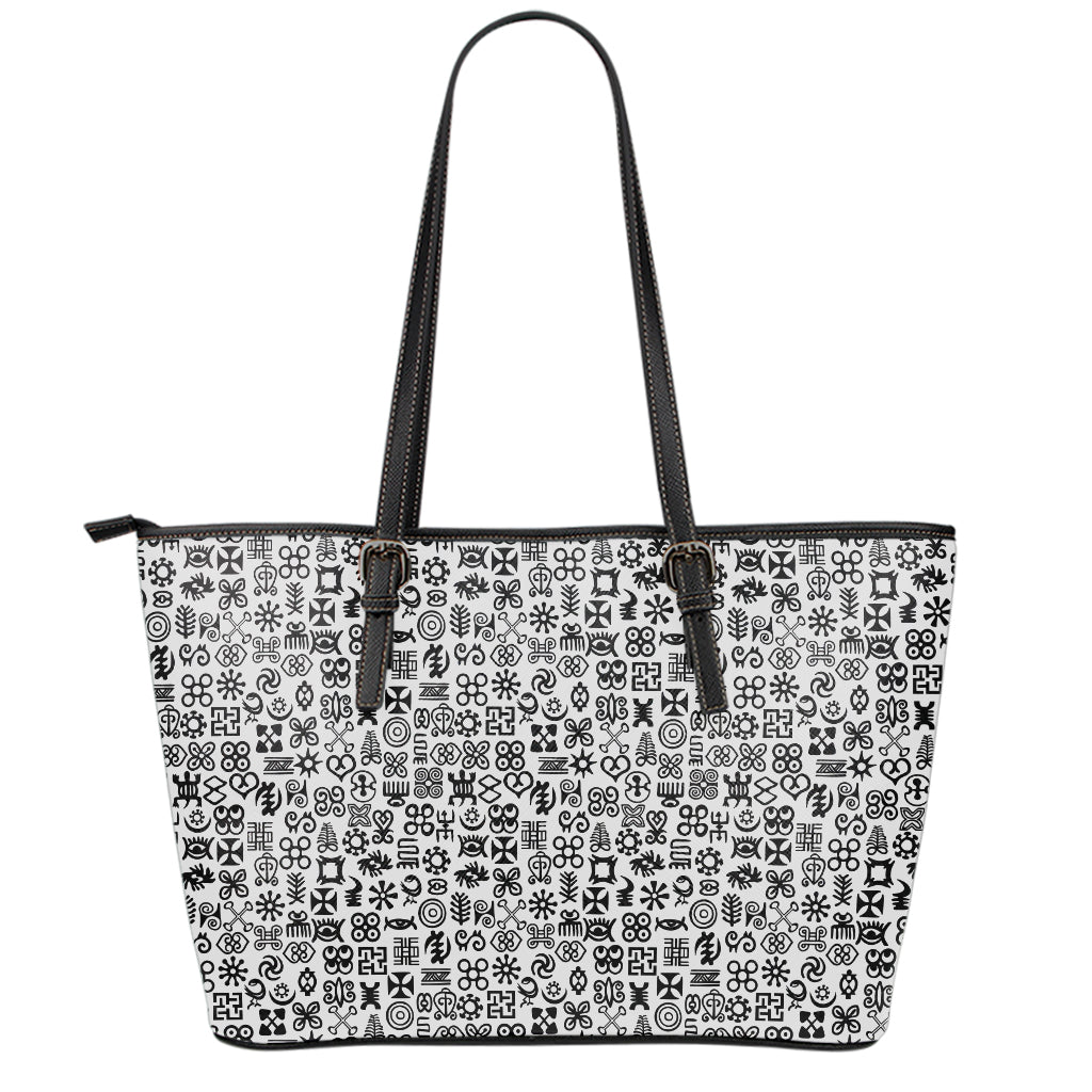 Black And White Adinkra Tribe Symbols Leather Tote Bag