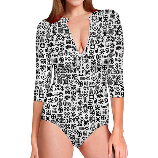 Black And White Adinkra Tribe Symbols Long Sleeve Swimsuit