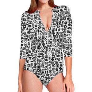 Black And White Adinkra Tribe Symbols Long Sleeve Swimsuit