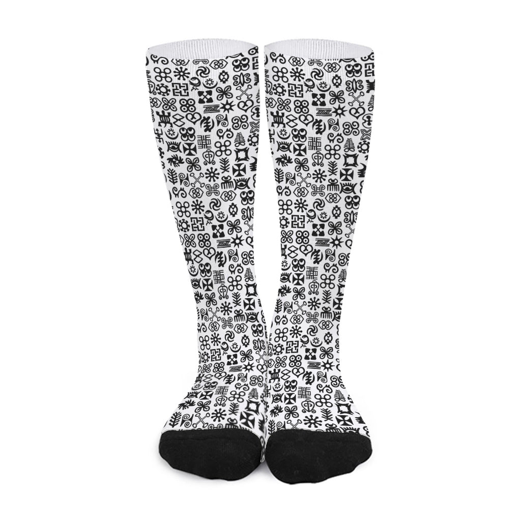 Black And White Adinkra Tribe Symbols Long Socks