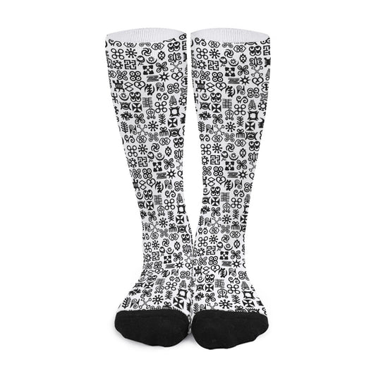 Black And White Adinkra Tribe Symbols Long Socks