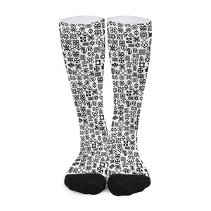 Black And White Adinkra Tribe Symbols Long Socks