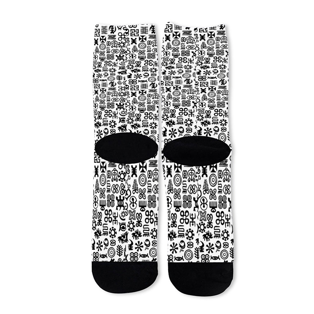 Black And White Adinkra Tribe Symbols Long Socks