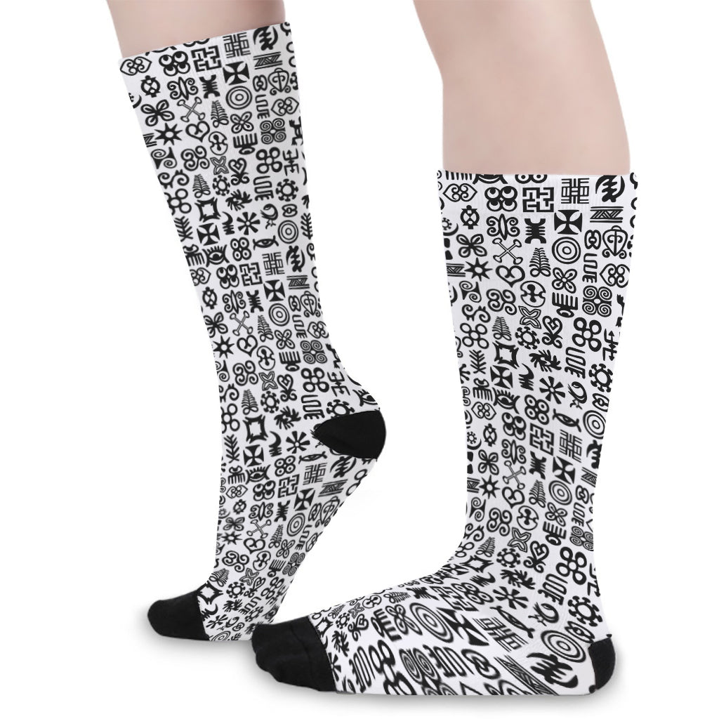 Black And White Adinkra Tribe Symbols Long Socks