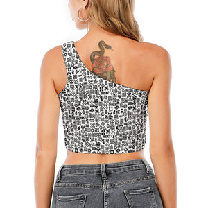 Black And White Adinkra Tribe Symbols One Shoulder Crop Top