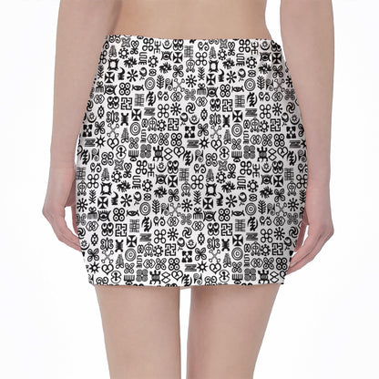 Black And White Adinkra Tribe Symbols Pencil Mini Skirt