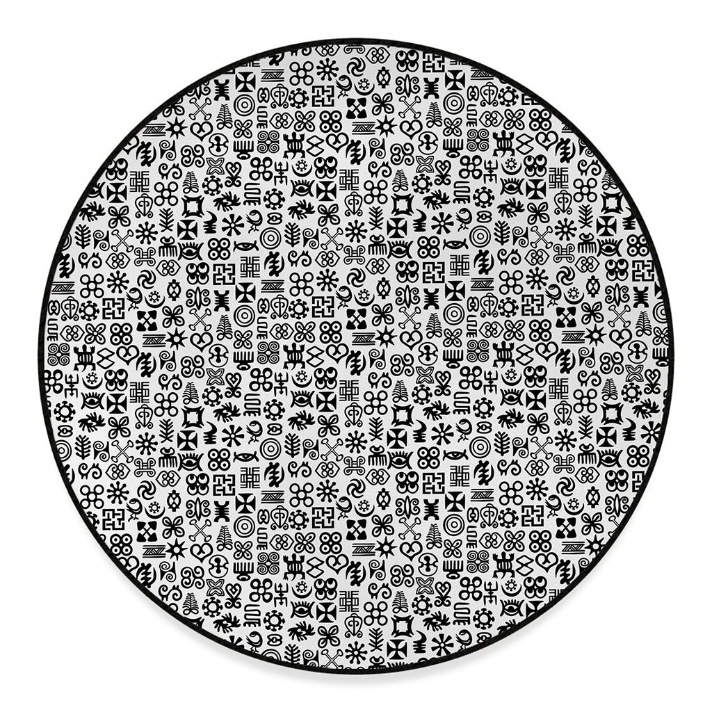 Black And White Adinkra Tribe Symbols Round Floor Mat